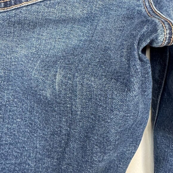 AE Stretch Low-Rise Baggy Wide-Leg Raw Hem Med Blue Denim Jeans Size 12 Long - Picture 7 of 15